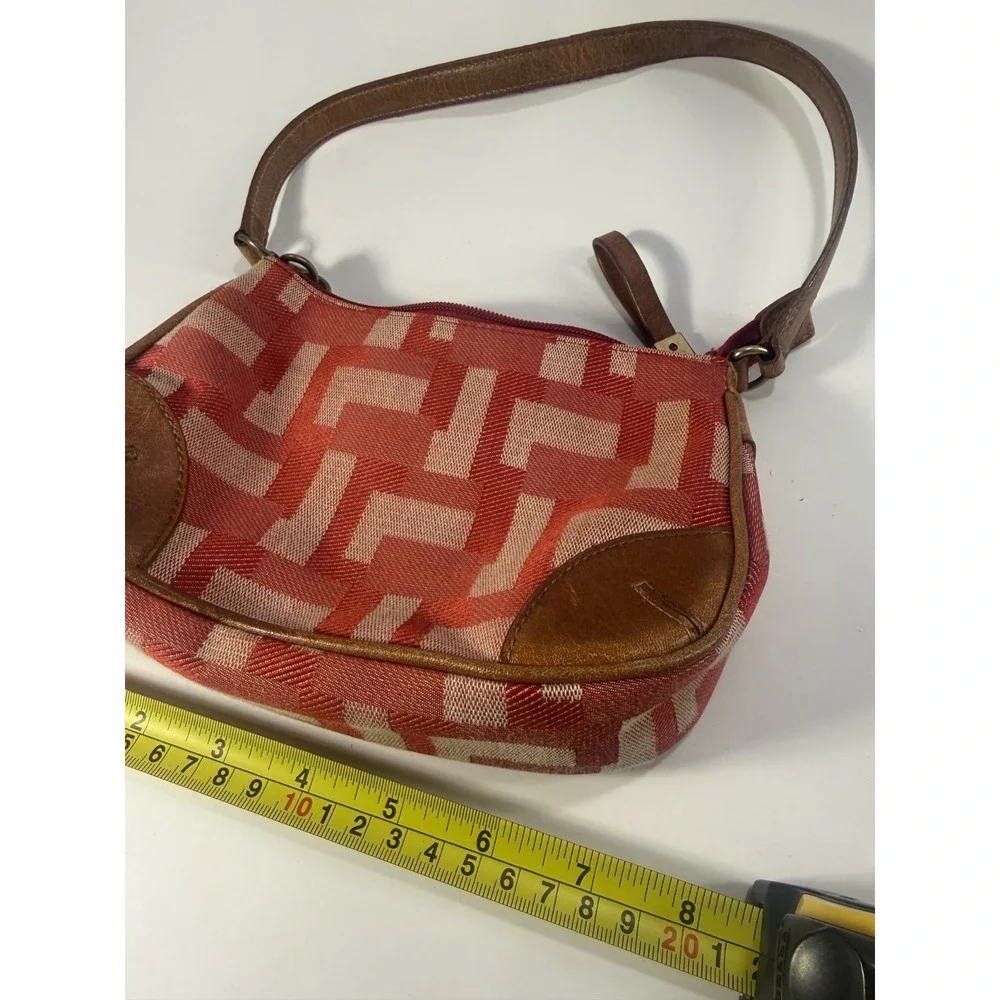 Y2K Vintage Nine West Cloth Handbag Geometric Red Pink Tan Leather Trim Small